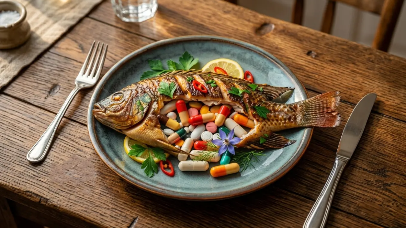 poisson gavé d'antibiotiques dans un plat