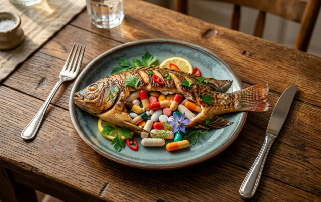 poisson gavé d'antibiotiques dans un plat