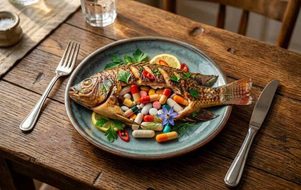 poisson gavé d'antibiotiques dans un plat